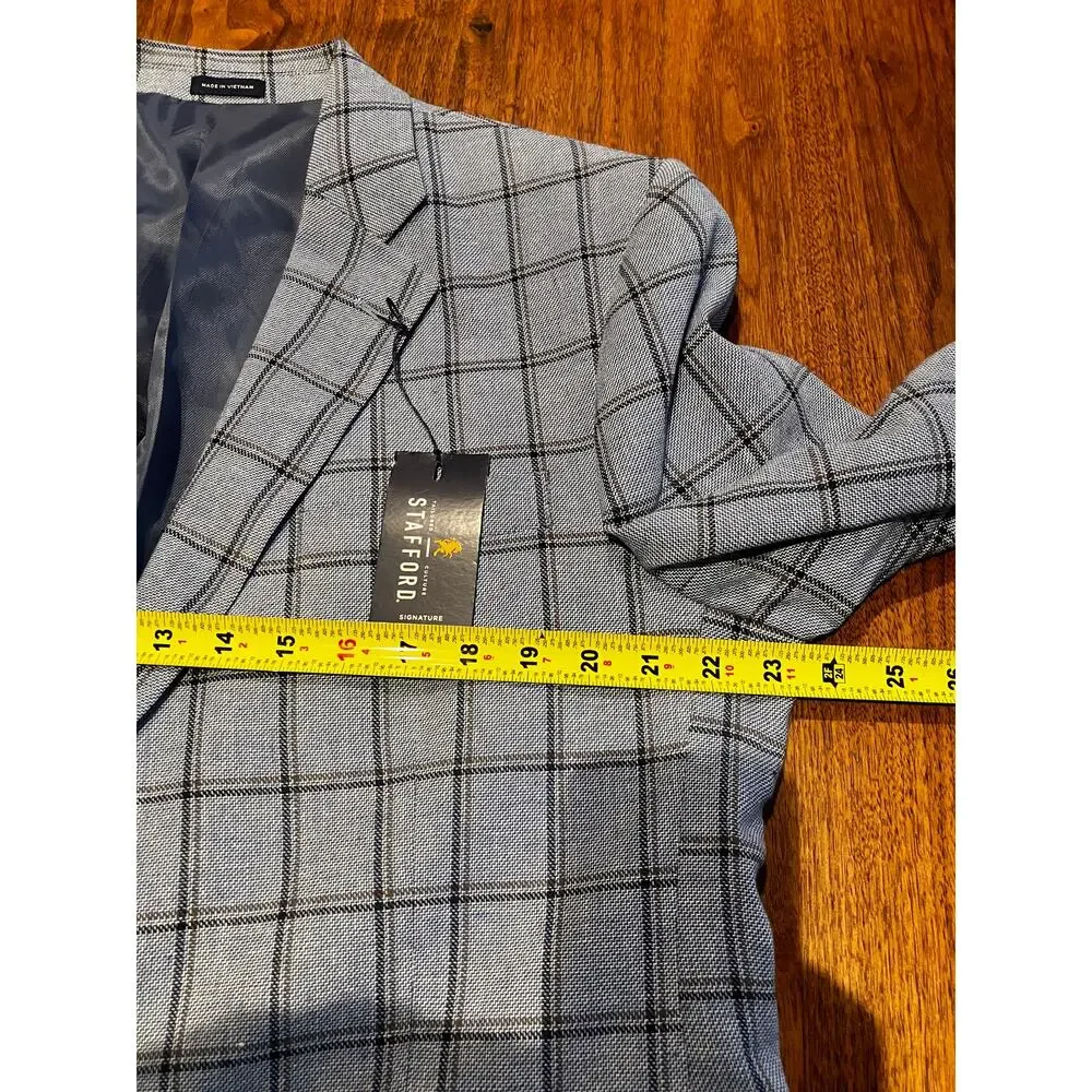 Stafford‎ Signature Mens Sport Coat 46 Short Blue Windowpane Linen Blend NWT